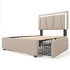 Upholstered Bed with LED Lighting and 2 Drawers, Height-Adjustable Headboard, Single Bed 90x200cm, Wooden Slatted Frame, Beige (With Mattress)