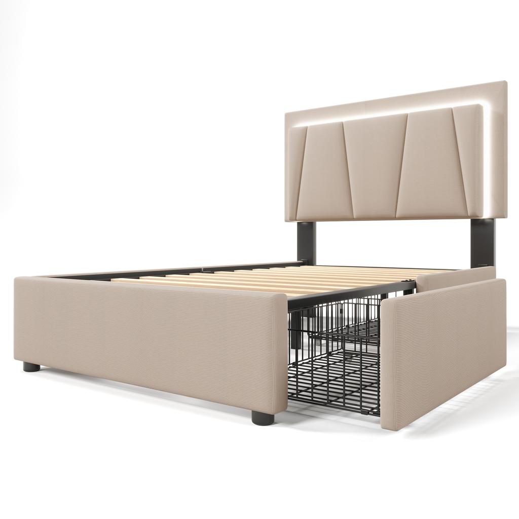 Upholstered Bed with LED Lighting and 2 Drawers, Height-Adjustable Headboard, Single Bed 90x200cm, Wooden Slatted Frame, Beige (With Mattress)