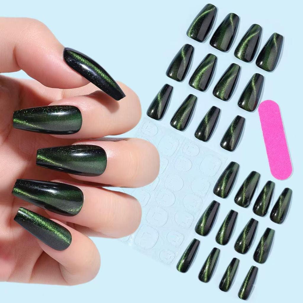 24pcs Gradient Cat Eye Trapezoid Nails: Autumn/Winter Black & Green Nail Art Stickers