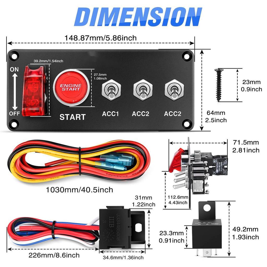 12V Ignition Switch Panel - 2-in-1 Rocker Switch with Relay Wiring Harness for Car and RV Modification