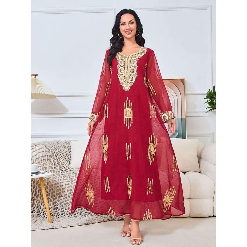

Middle East Indonesia Women clothes Robe New Embroidery Gauze Party Evening dress Dubai Travel Dress Dresses Red 2XL