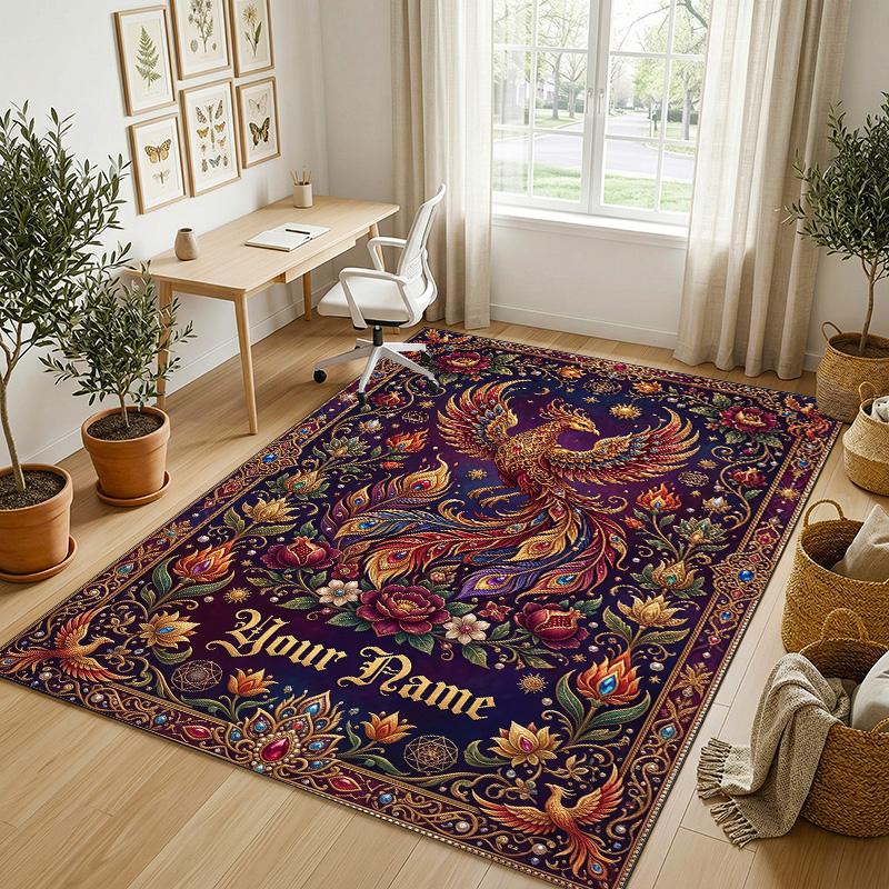 Dragon Phoenix Theme Crystal Velvet Rug Personalized Custom Name Text Soft Floor Mat Home Decor