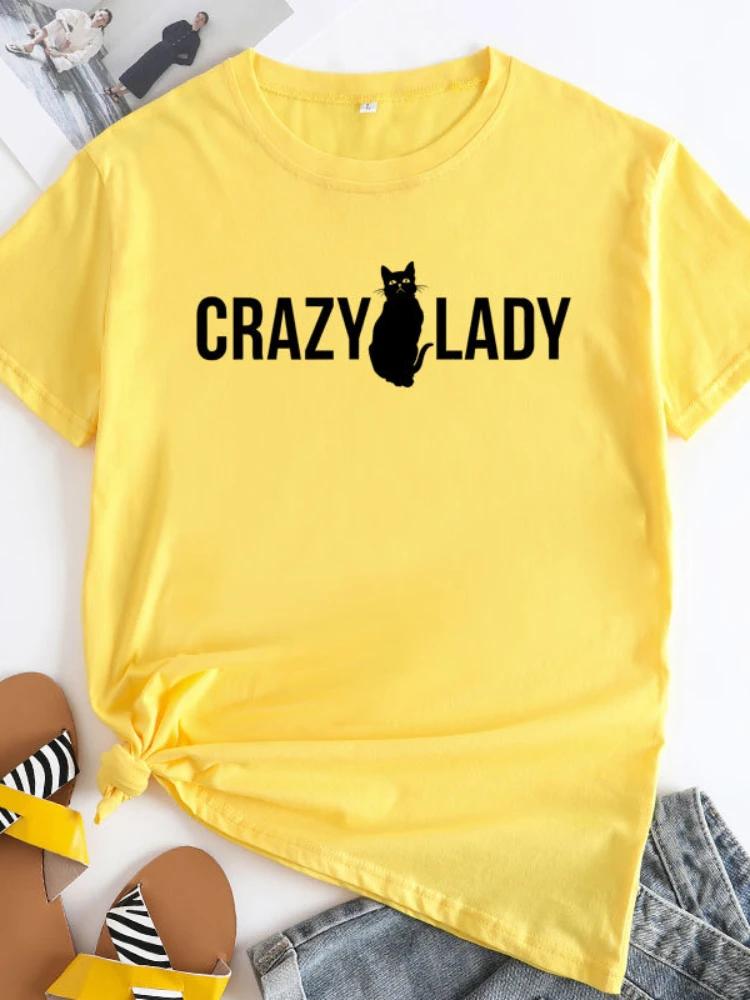 Crazy Lady Cat Print Women T Shirt Short Sleeve O Neck Loose Women Tshirt Ladies Tee Shirt Tops Camisetas Mujer