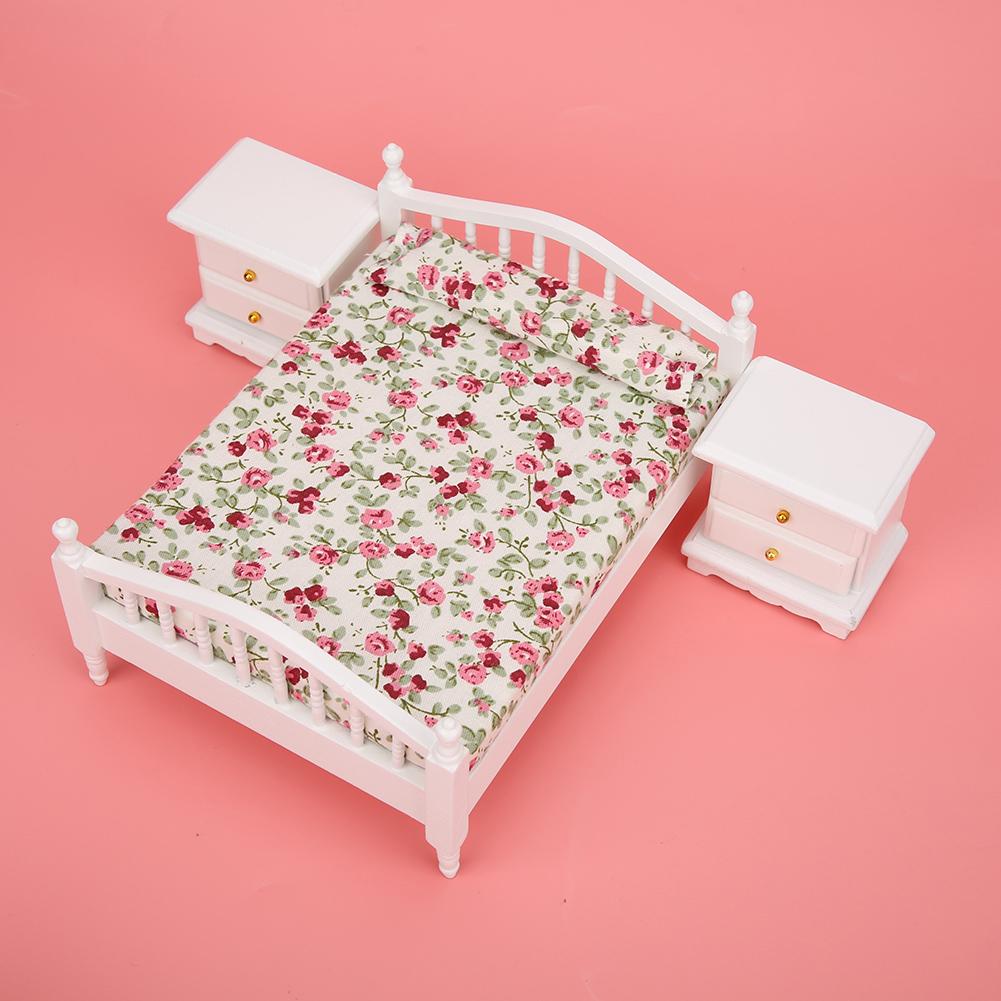 1:12 Furniture Double Bed Mirror Bedside Table Chair Cabinet Doll House Accessories