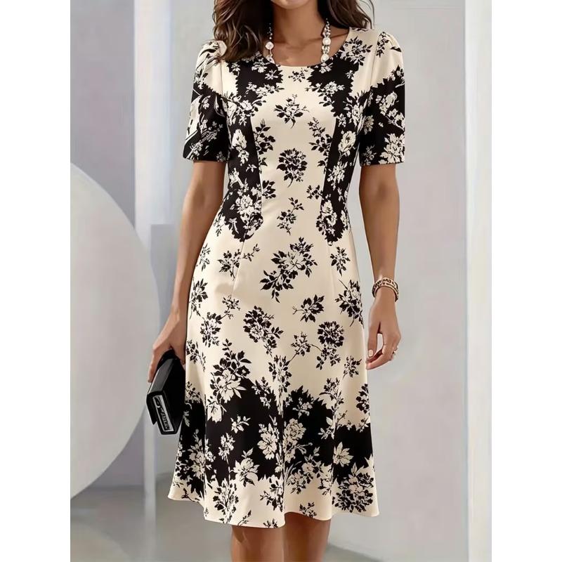 Damen Boho Blumen 3D-Druck A-Linien-Kleid mit kurzen Ärmeln Lebendiges mehrfarbiges Blumenmuster Damenbekleidung Freizeitkleid