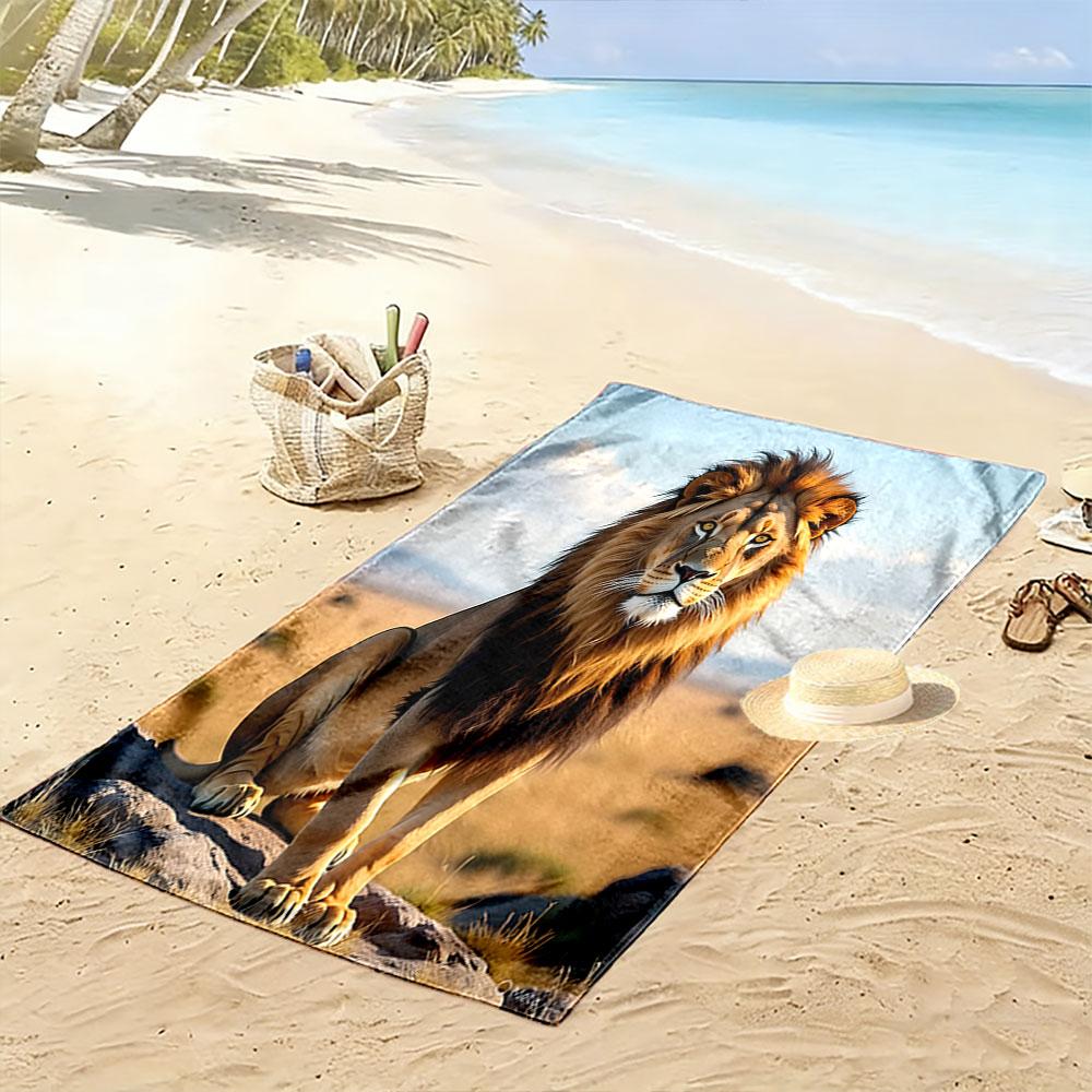 "Majestic Lion On African Savannah" Patterned Beach Towel Quick Dry Perfect for Travel Outdoor Sports Jogging the Beach and Swimming