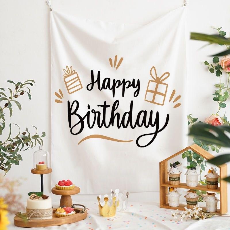 Minimalist Black White Happy Birthday Tapestry Party Backdrop for Kids Adults Birthday Decor Bedroom Photo Background
