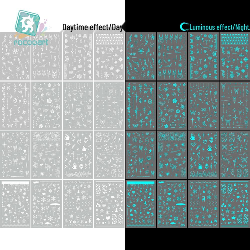 Blue-Green Luminous New Year Nail Stickers with White Lace and Butterfly Designs