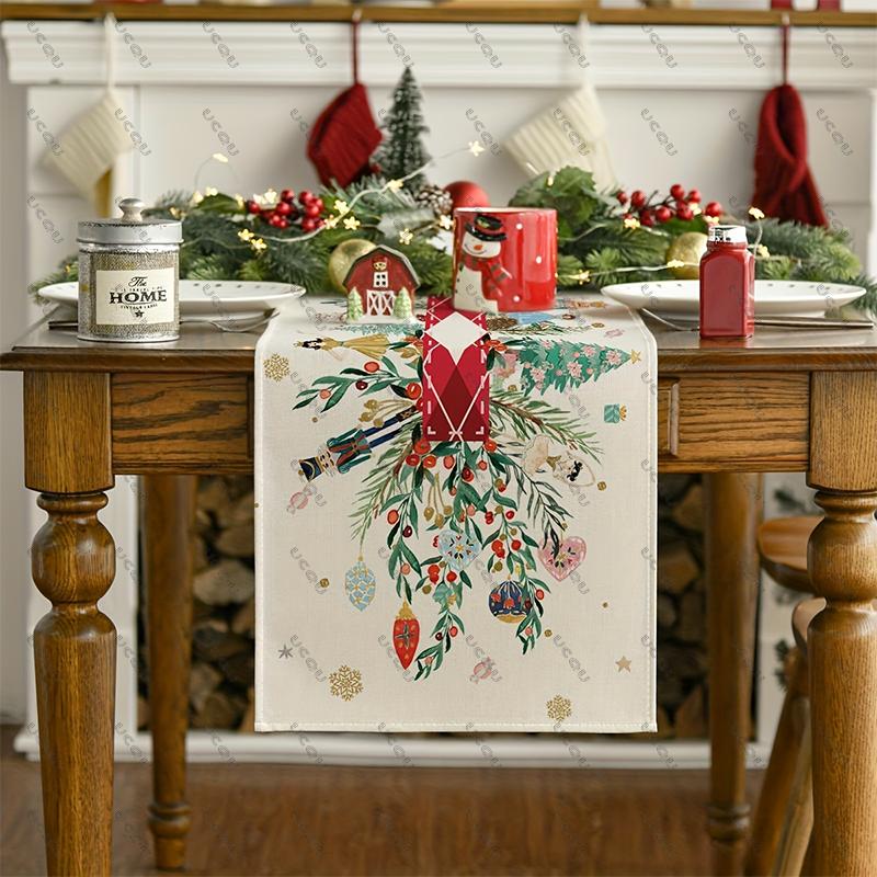 N-Nutcracker & Holly Festive Christmas Table Runner Decorative Cloth Flag Family Party Gift Xmas Home Holiday Dining Kitchen New