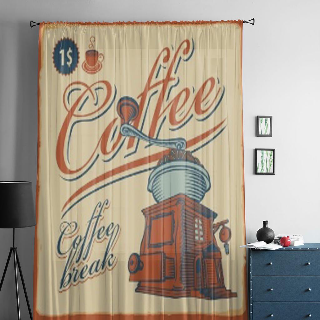 Retro Banner With The Coffee Grinder Cafe Chiffon Sheer Curtains for Living Room Bedroom Window Curtain Voiles Tulle Cortinas