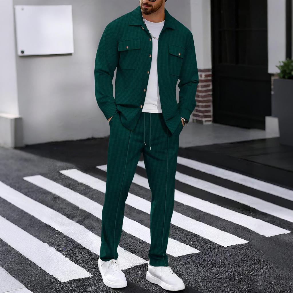 Men's Double-Pocket Waffle Two-Piece Set: Long-Sleeved Shirt and Pants for Autumn