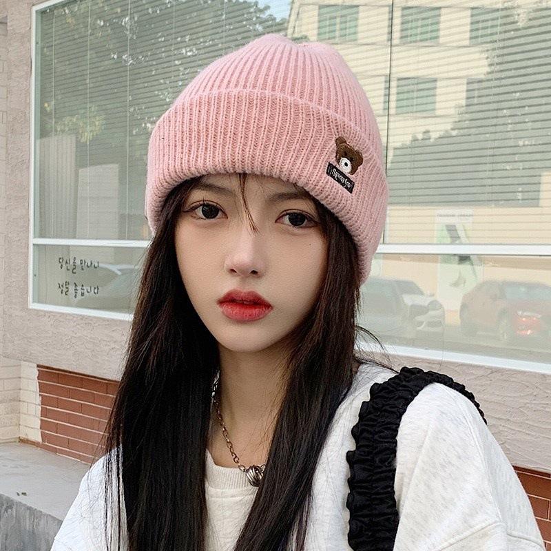 Knitted Hat for Autumn and Winter, Unisex, Warm and Versatile, Korean Style Cute Bear Design, Fleece-lined, Ear-protecting, Casual and Fashionable