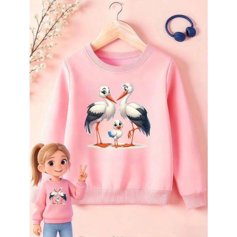 Kids Sweatshirt, Round Neck Sweatshirt, Cute Cartoon Design, White Gray Blue Gradient Feather Pattern, Playful And Cute Casual Top