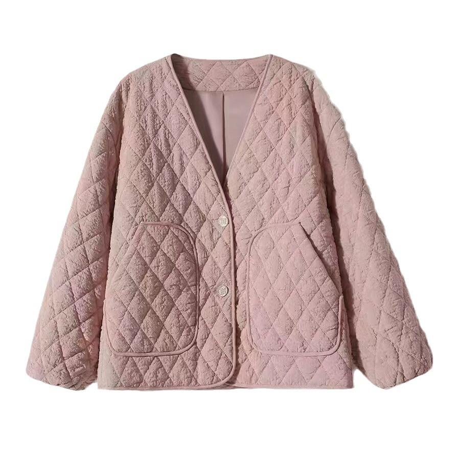 Design Rhombus V-neck  jacket for women's autumn and winter casual outer wear short  clothes
