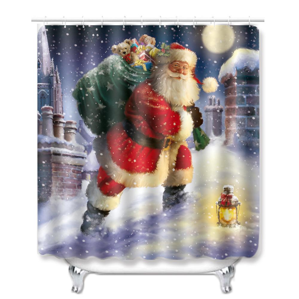 Christmas Shower Curtain Floor Mat Combination Four-Piece Set Bathroom Toilet Carpet Shower Room Mat Foot Mat