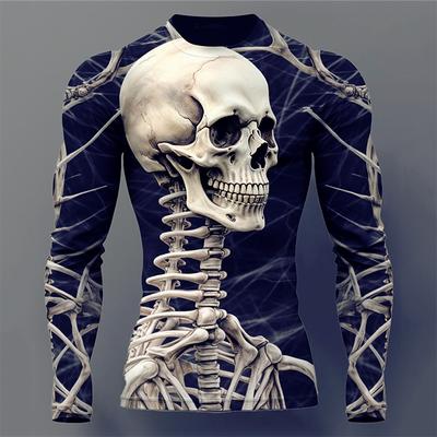 Halloween Mode Totenkopf 3D-Druckmuster Herren Langarm T-Shirt Lässige lose Oberteile Lustige 3D Totenkopf Print Tees Herbstkleidung