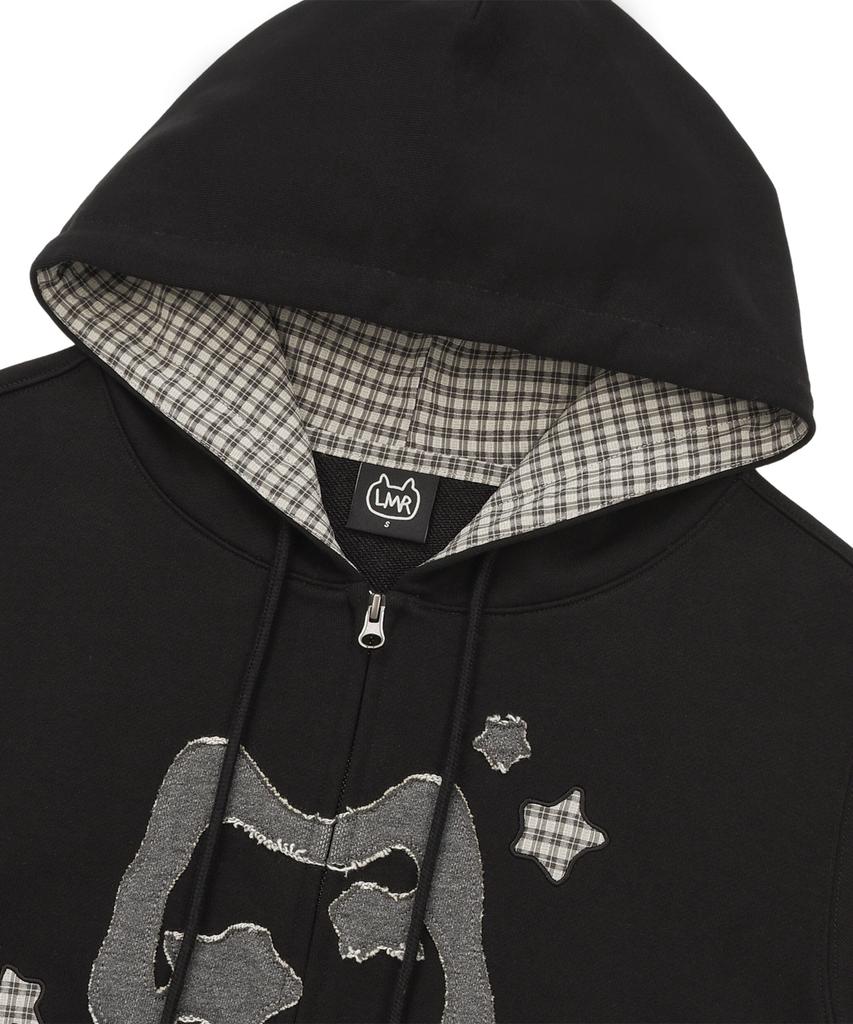 Lmr Cat Symbol Patchwork Crop Zip-Up Hoodie Black