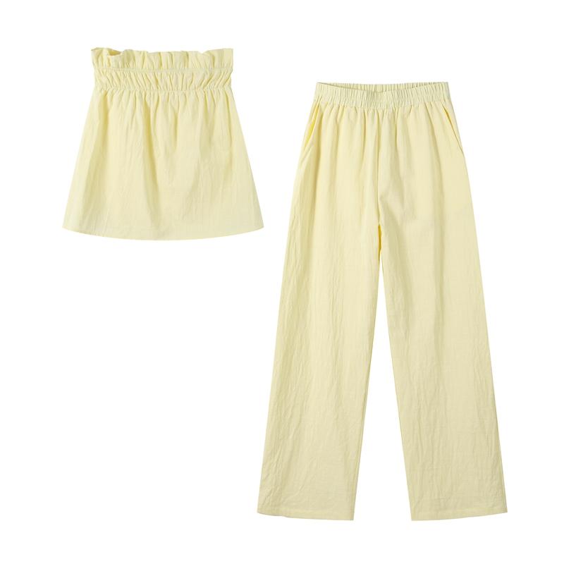 

Женский комплект с открытыми плечами и открытой спиной, плиссированная блузка с высокой талией, широкие брюки, женский костюм, летняя женская уличная одежда 2025 года L жёлтый
