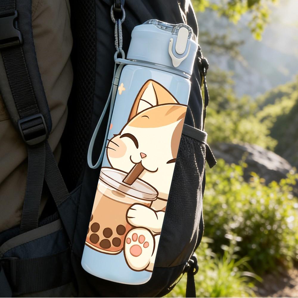 1PC Kitten Cat Drinking Milk Tea Print 750ml Color Plastic Sports Water Bottle Leakproof Flip Straw Lid Suitable for Sports Office Home Use