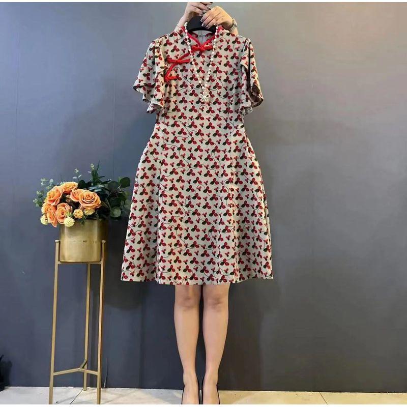 

Plus Size Ladies National Style Improved Cheongsam Dress Floral Buckle Red Cherry 2XL