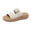 Soft leather retro one-word slippers women's summer 2025 new flat-soled women's shoes soft-soled women's belt buckle beach shoes