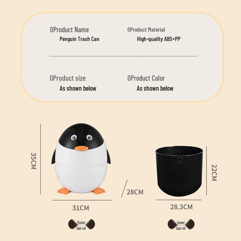 Cartoon Penguin Flip-Top Trash Can with Lid - Cute Style for Living Room or Bedroom
