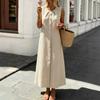 European and American summer cotton and linen dress round neck pleated breasted sleeveless vest long dress casual vacation style women's clothing