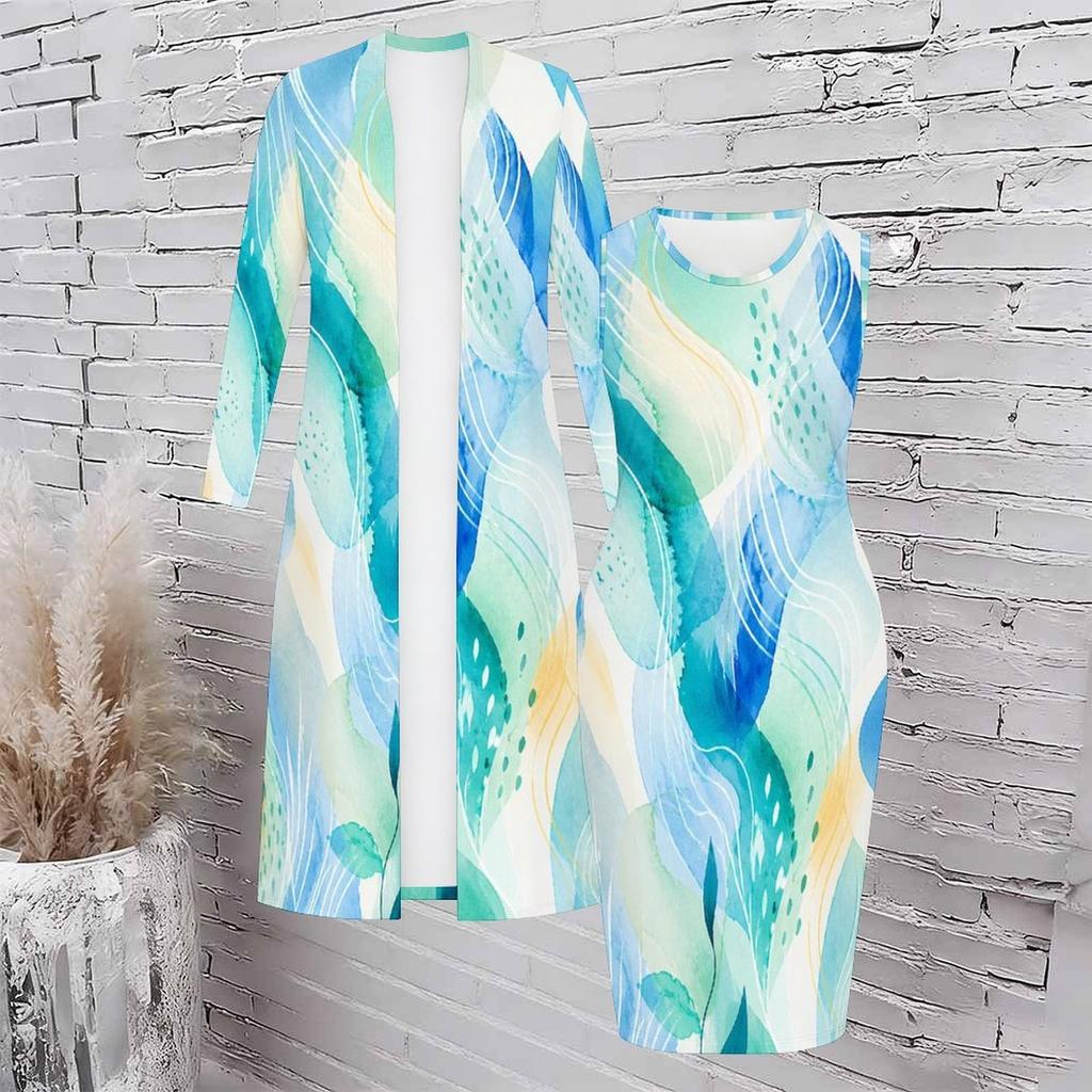 Women Plus Size Two Piece Set Long Sleeve Open Front Cardigan Sleeveless Printed Bodycon Dress Dark Blue