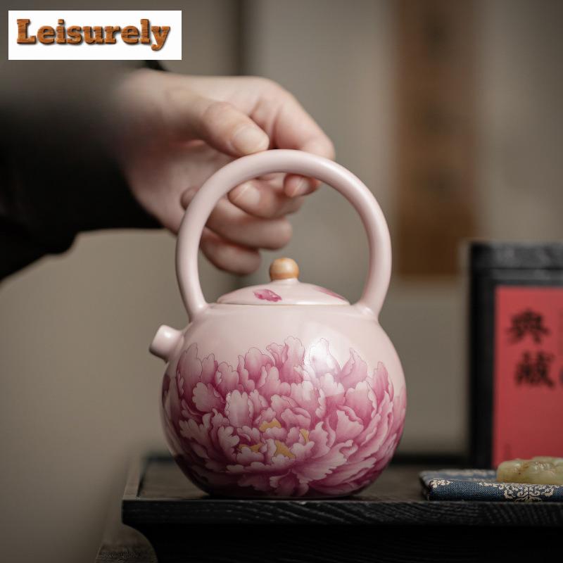 250ML Pink Ru Kiln Peony Flower Lifting Beam Teapot Boutique Tea Infuser Pot Tea Making Kettle with Strainer Teaware Ornaments