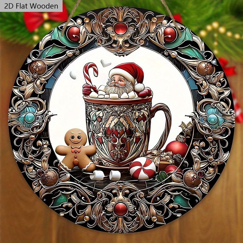 Christmas Hot Cocoa Wooden Sign with Santa Claus & Gingerbread Man Pattern - Navidad Sign for Front Door, Wall Hanging Decor - Ideal Christmas Decor