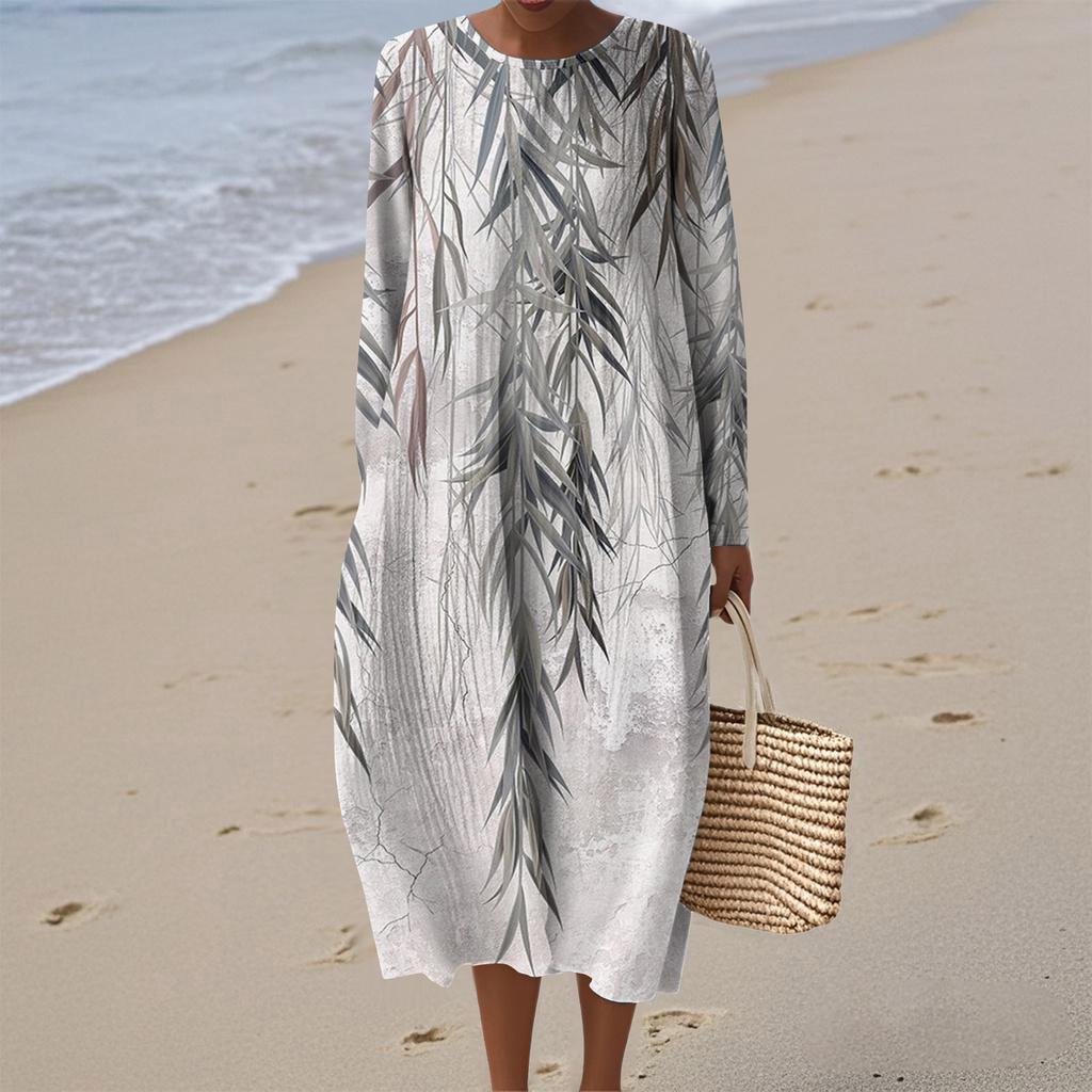 Women's Fashionable Casual Long-Sleeved Round Neck Floral Print Zipper Dress