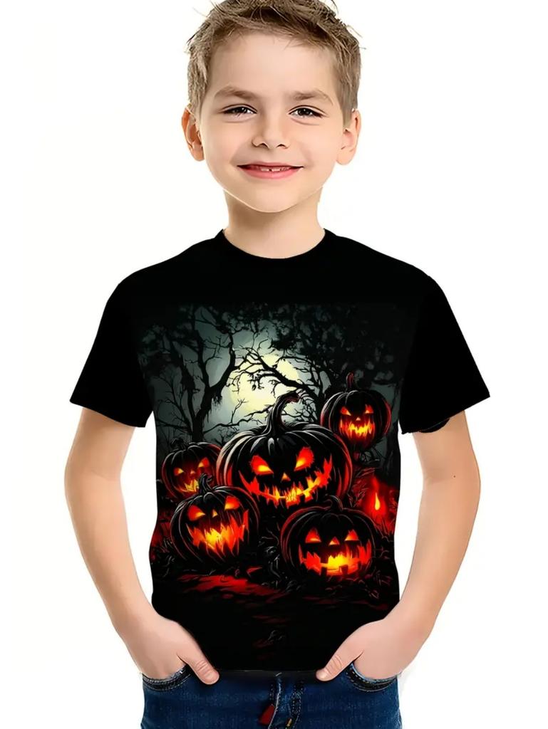 Halloween Kids Clothes Cute Pumpkin Spooky Leaves 3D Print Casual O-Neck Short Sleeve Quick-Dry Boy T-Shirts for Children