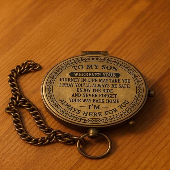 5.08 Cm Engraved Brass Compass with Leather Case Inspirational Keepsake with Chain Message Graduation, Birthday, or Travel Gift for Son