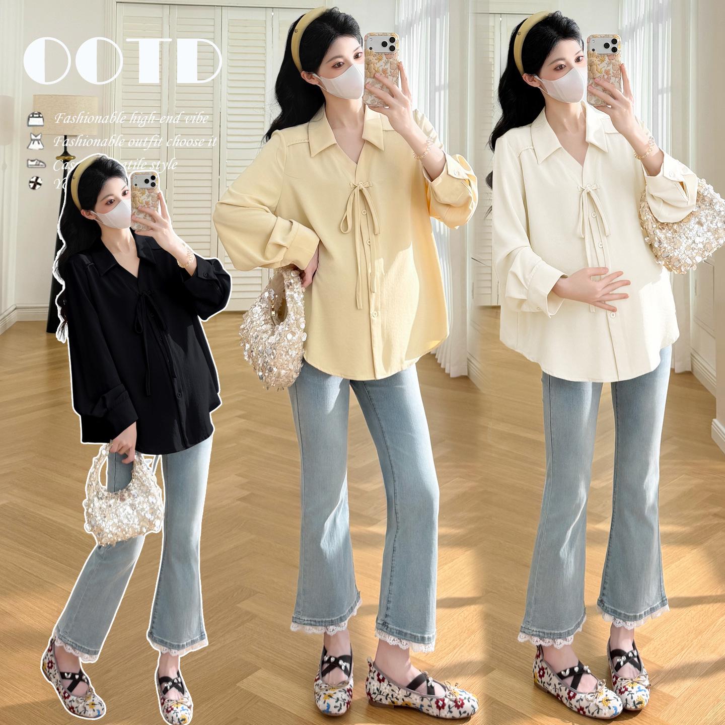 2026 Spring Slimming Lace-Up French Maternity Long Sleeve Shirt 2XL