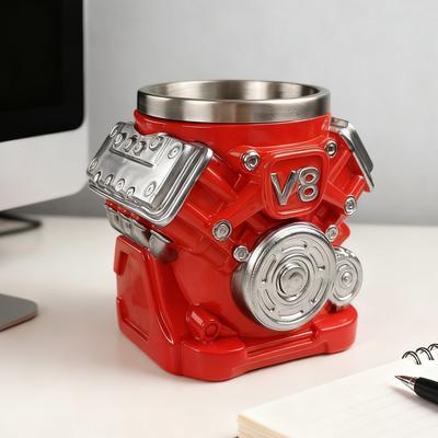 300ml V8/V6 Retro Engine Stainless Steel 3D Coffee Mug,Resin Creative Engine Shaped Cup,Gifts For Car Enthusiasts