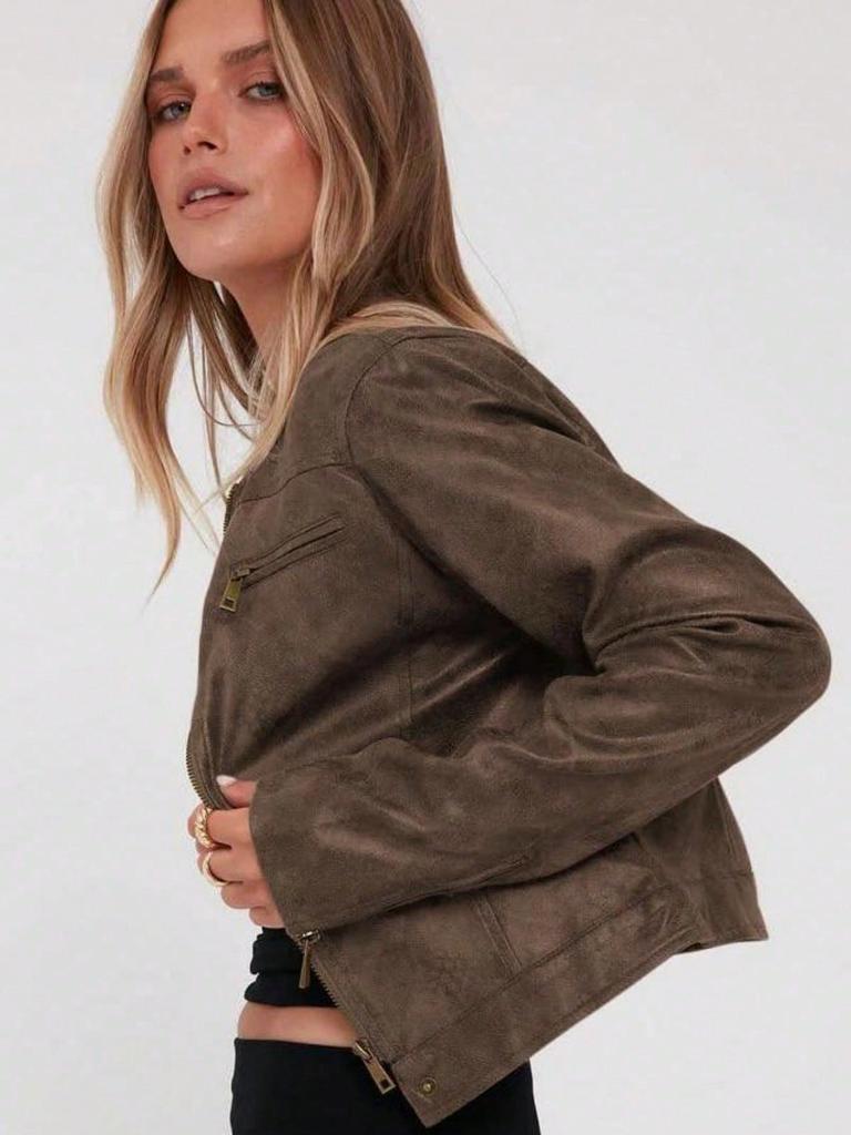 Giacca Moto Corta Vintage da Donna in Ecopelle con Zip e Collo Alto Cappotto Biker Corto Casual