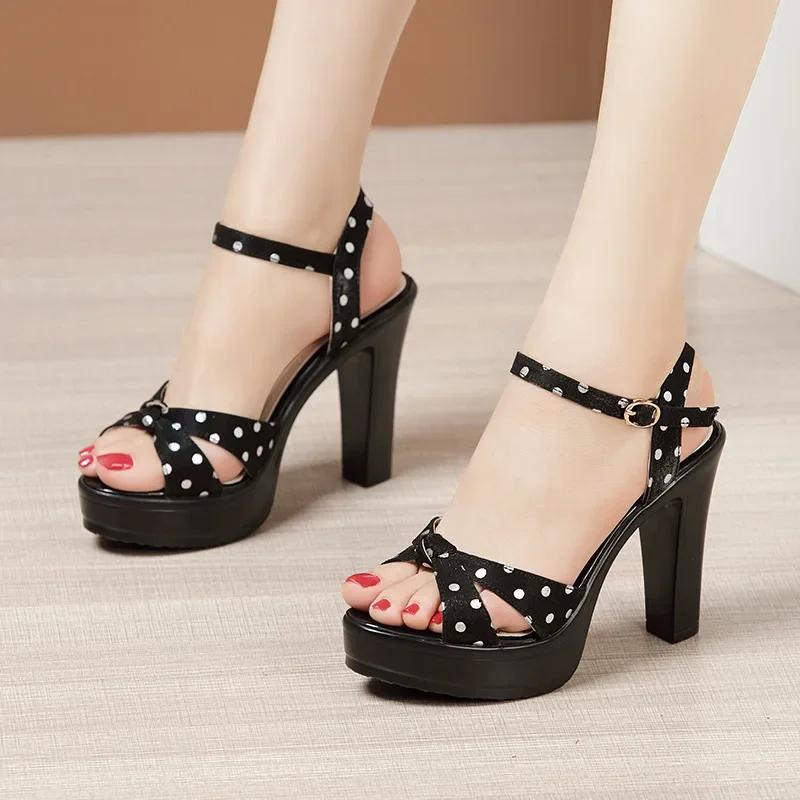 8cm 10cm Small Size 32-43 Elegant Polka Dot Shoes Summer Platform Sandals 2025 Womens Block High Heels Sandals for Office Model