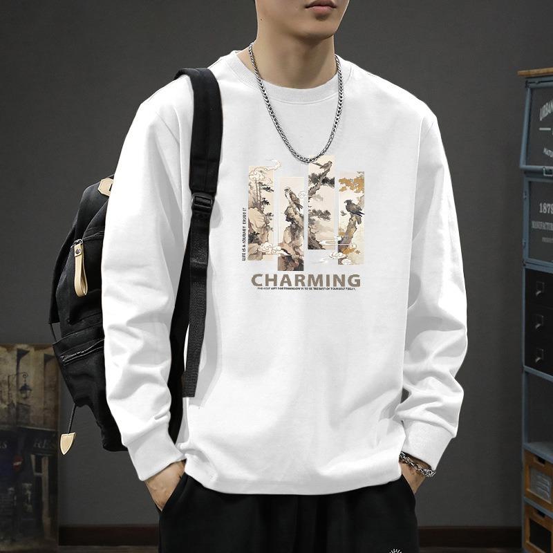 Men Casual Loose Printed Cotton Long Sleeve Mens T Shirt S белый