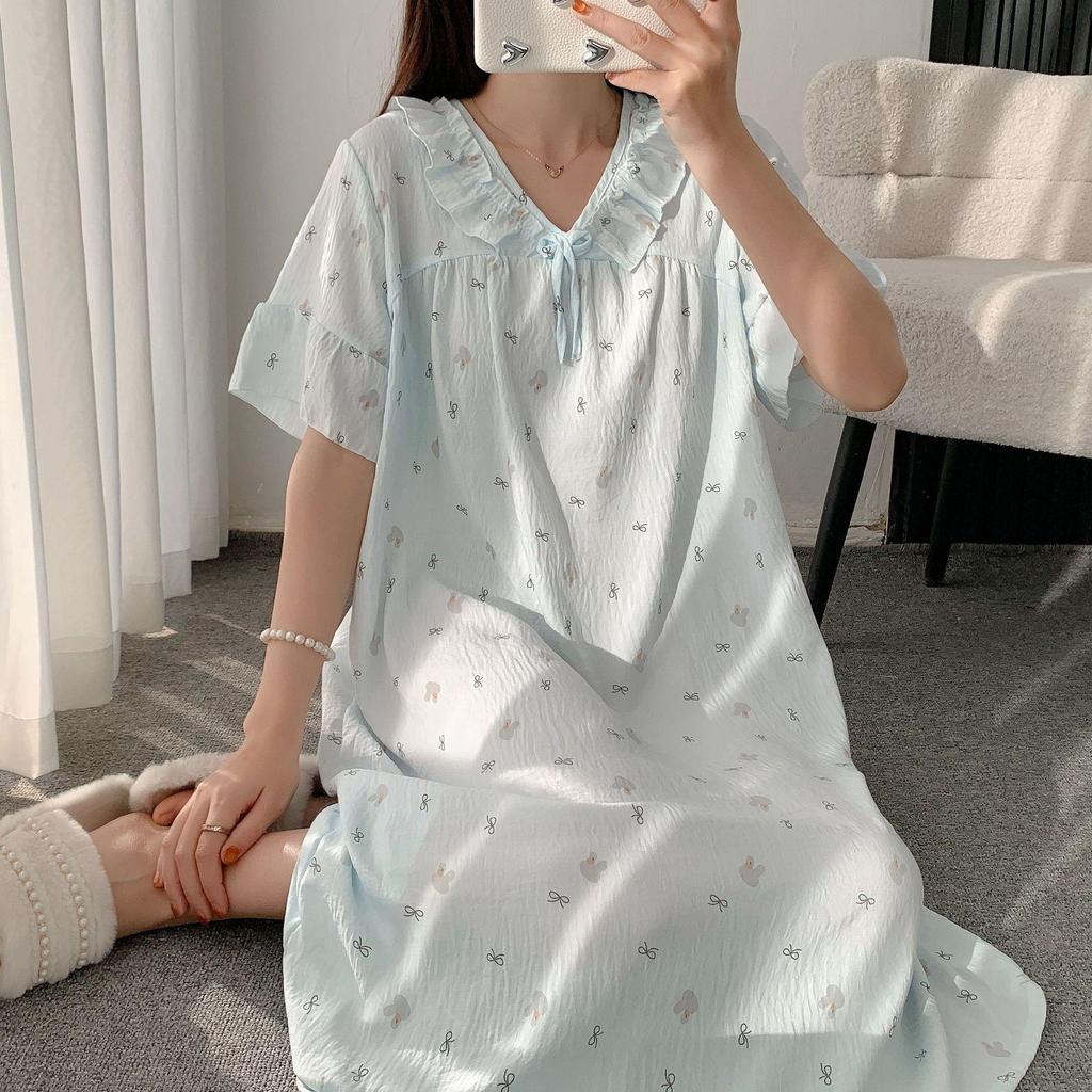 Cloud Cotton Summer Pajama Dress - Women's Short Sleeve Sweet Girl Print Homewear