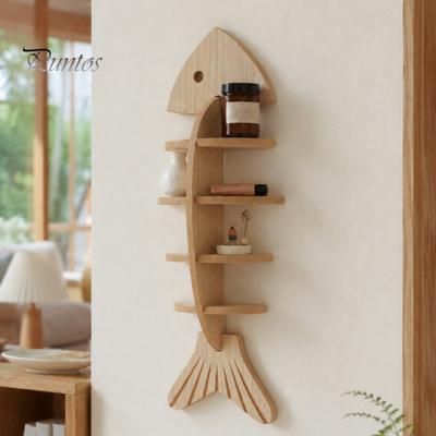 Japanese Minimalist Display Rack Fish Bone Storage Rack, Wood Wall Mounted Floating Shelf, Ocean Style Bathroom Organizer for Aromatherapy Art Bedroom