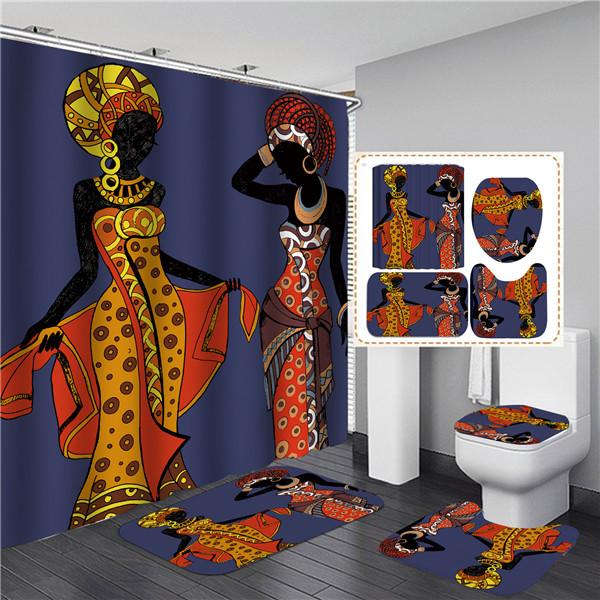 4PCS Full Set Bathroom Curtain Set Elegant African Black Woman Shower Curtain Hooks Modern Bath Mat Toilet Lid Cover Anti-slip Bath Mats