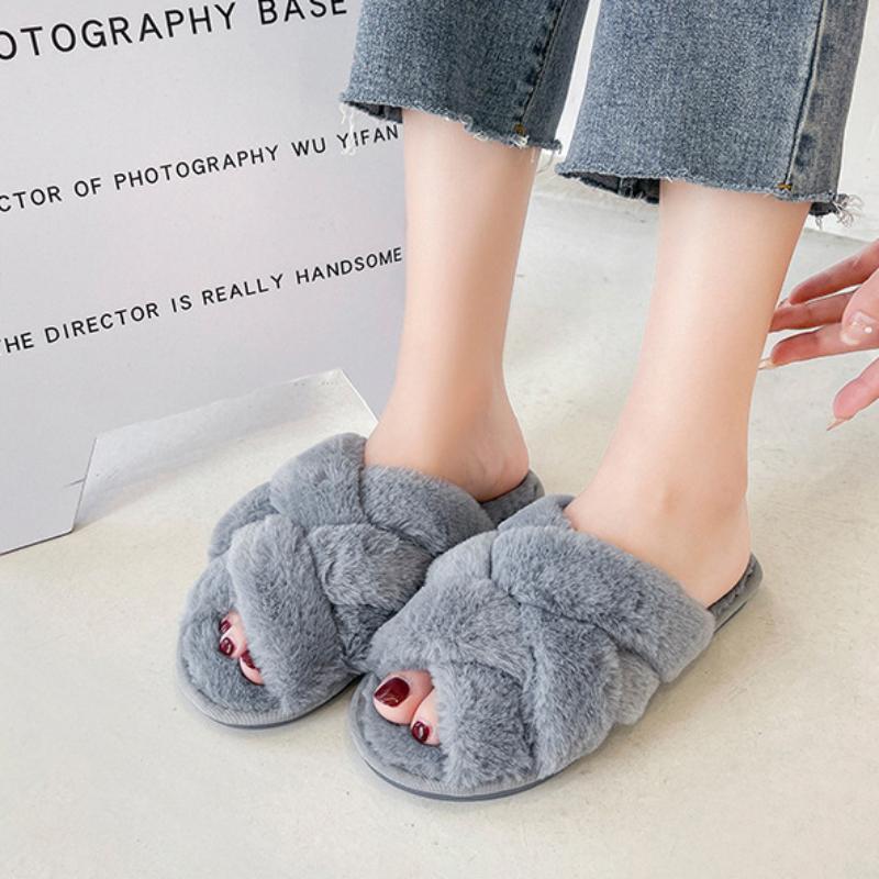 Mesh cross plush slippers, winter plush flat floor mop, exposed toe warm cotton mop
