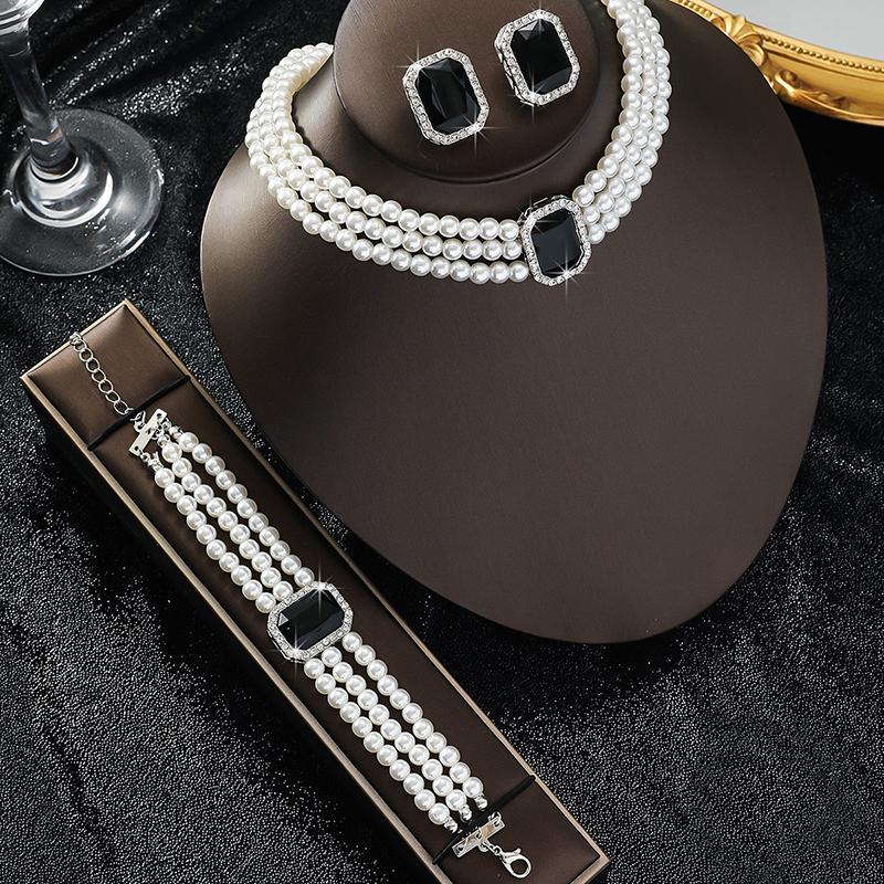 Luxurious imitation pearl crystal Choker necklace Set for Women Fashion Bracelet Earrings Jewelry Set for Wedding Bridal Sets