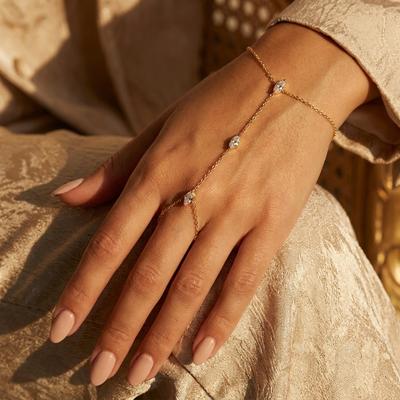 Vintage Rhombus Zircon Finger Chain for Women Dainty Copper Hand Bracelet Linked Ring Geometric Gold Jewelry