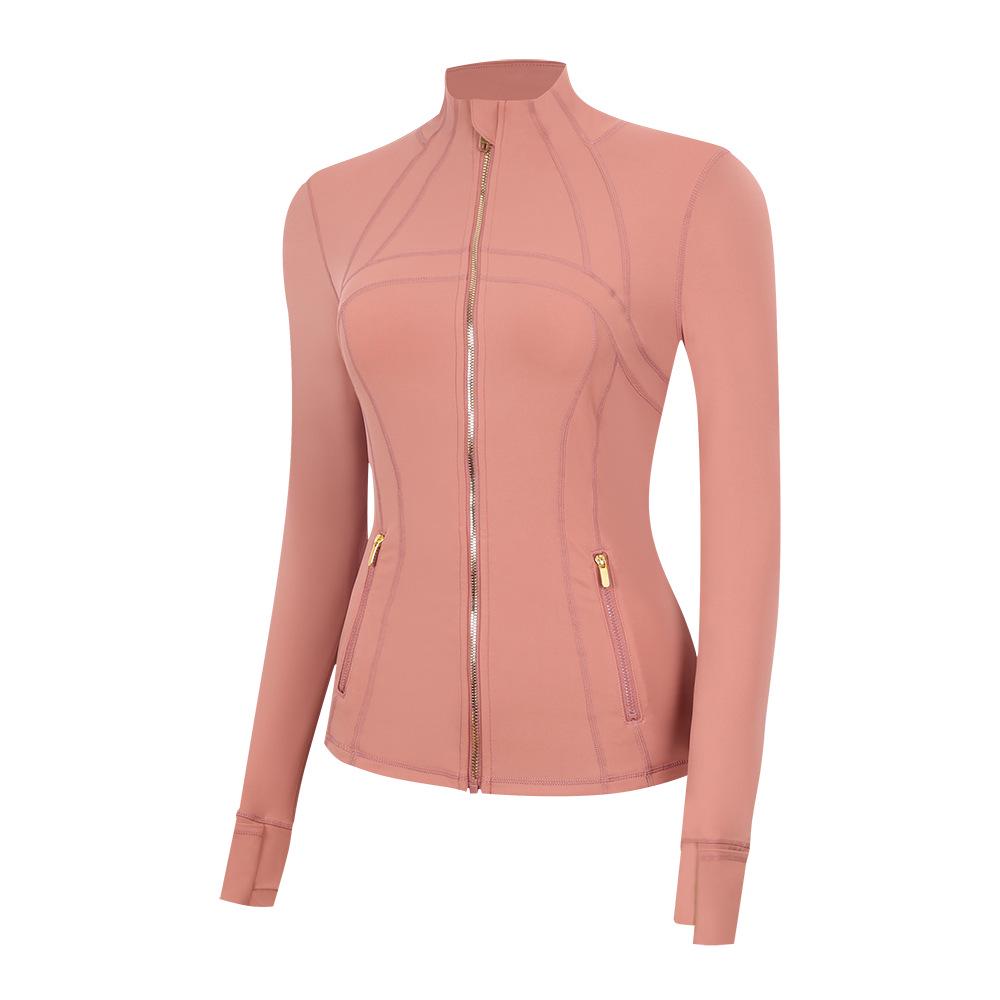 In Stock: LU Women's Slim Fit Yoga Jacket with Gold Zipper - Stand Collar Running Top