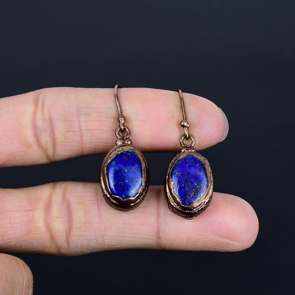 Lapis Lazuli Copper Electroformed Earrings, Handmade Gemstone Earrings Jewelry, Gifts For Wife Brand New Earrings