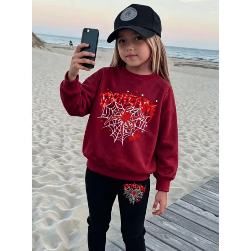 Girls' Cool Spider Casual Comfortable Soft Loose Pullover Sweatshirt and Leggings 2-Piece Set, New Autumn/Winter, Playful, Sweet and Cool Style