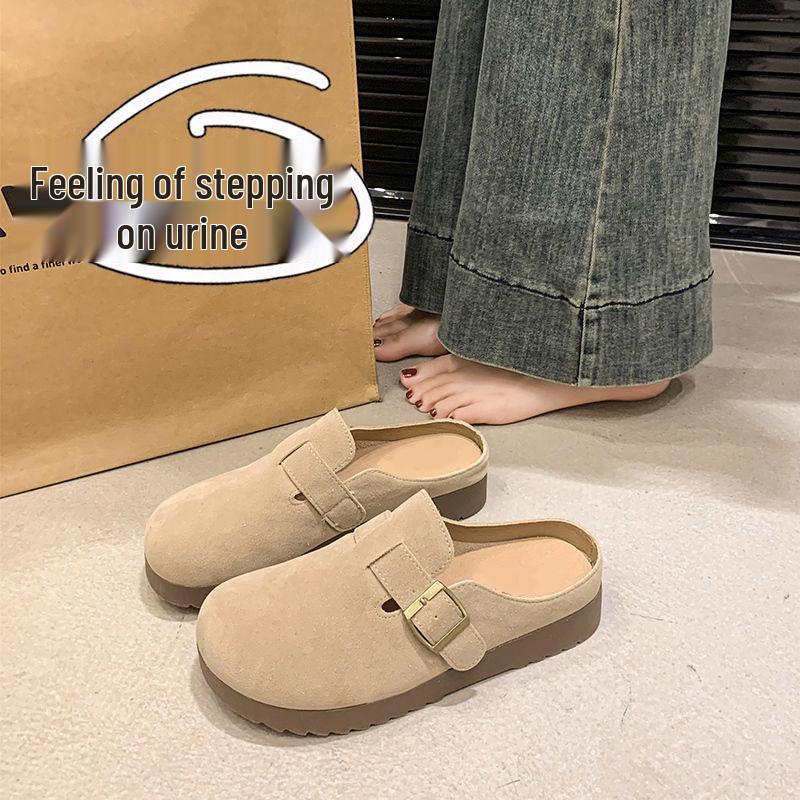 2024 Women's Fleece Half-Slippers: Closed-Toe Flat Birkenstock Style, Perfect for Pregnant Women & Outdoor Wear
