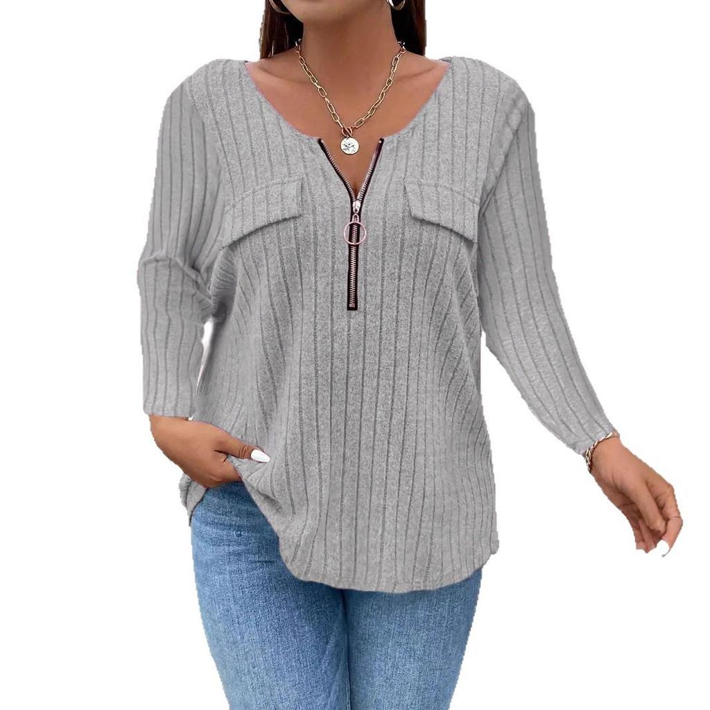 European & American Women's Autumn/Winter Zipper Ribbed Long Sleeve Casual Fashion 2025.