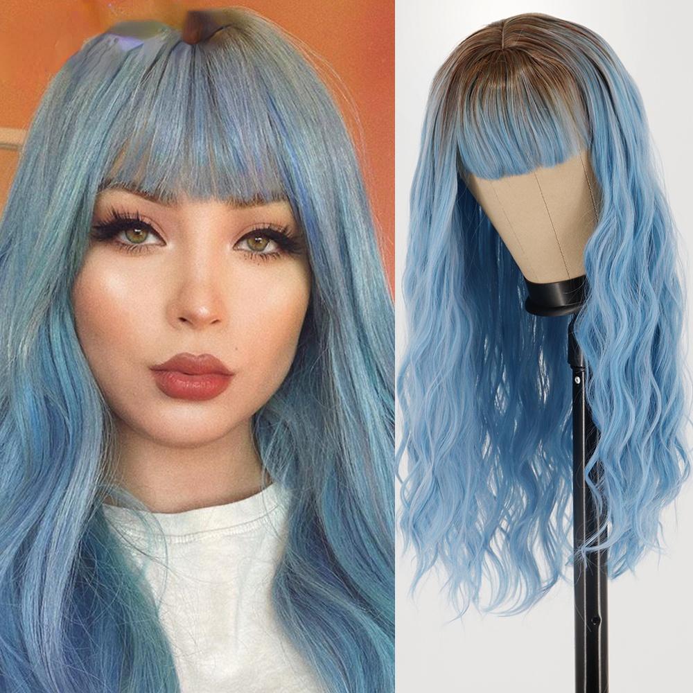 

MISS WIG Синтетические длинные прямые Ombre синие парики из высокотемпературного волокна для женщин Парики для вечеринок и повседневных волос с челкой 23 inch
